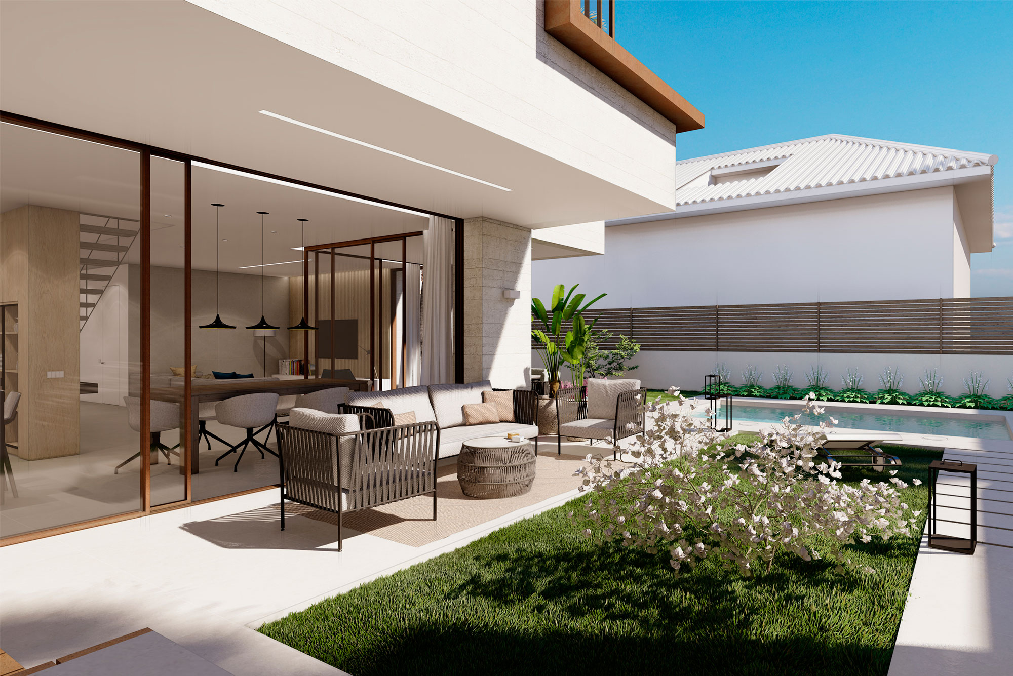 Proyecto arquitectura interiorismo unifamiliar adosado cullera paisajismo terraza salón exterior piscina