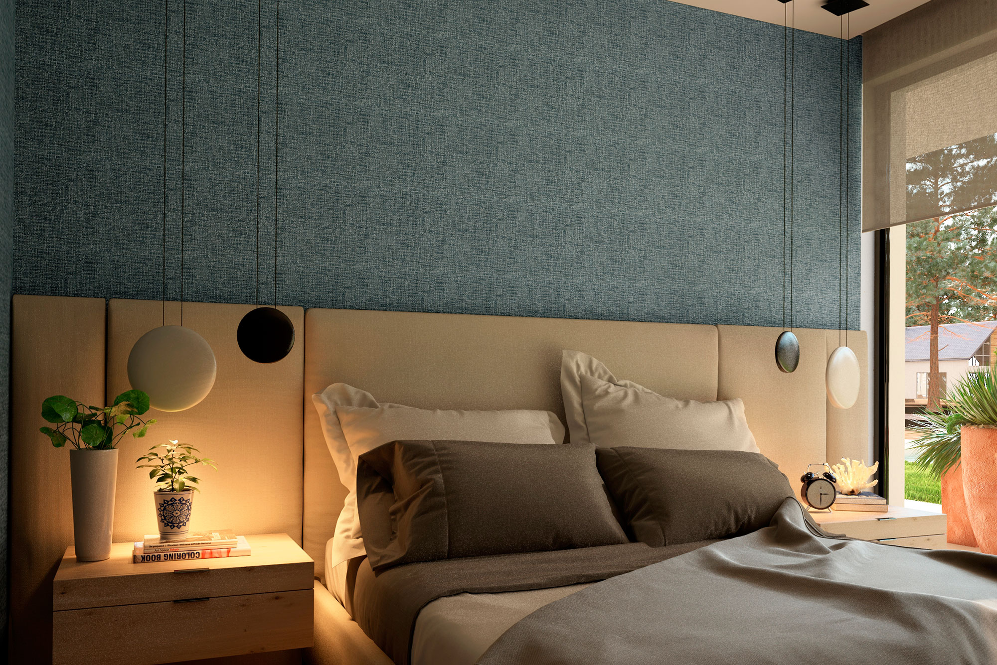 Proyecto arquitectura interiorismo unifamiliar sagunto habitación principal diseño a medida papel pintado cabezal tapizado