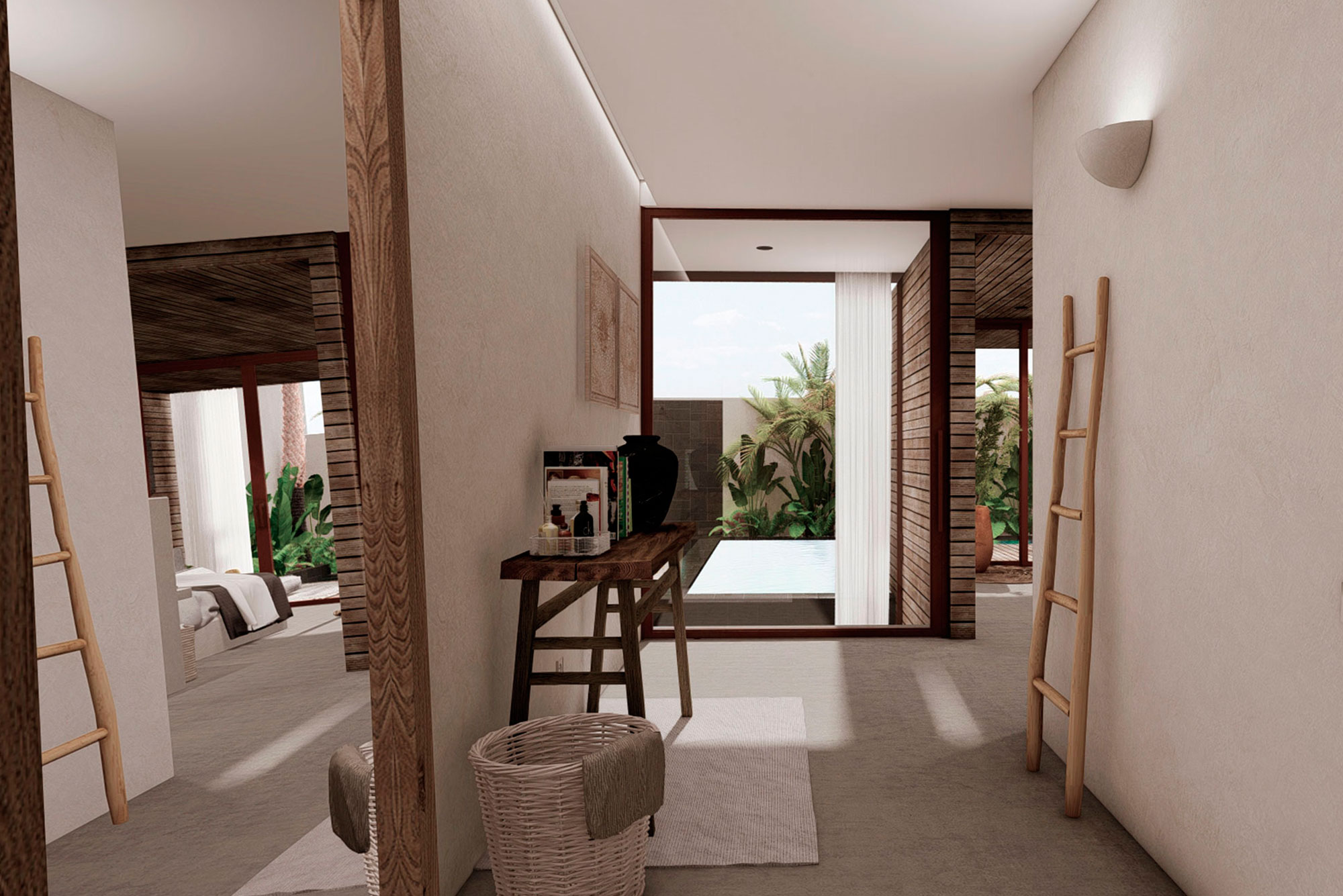 Proyecto interiorismo arquitectura vivienda estilo balines entrada habitación principal diseño pintura natural wabisabi