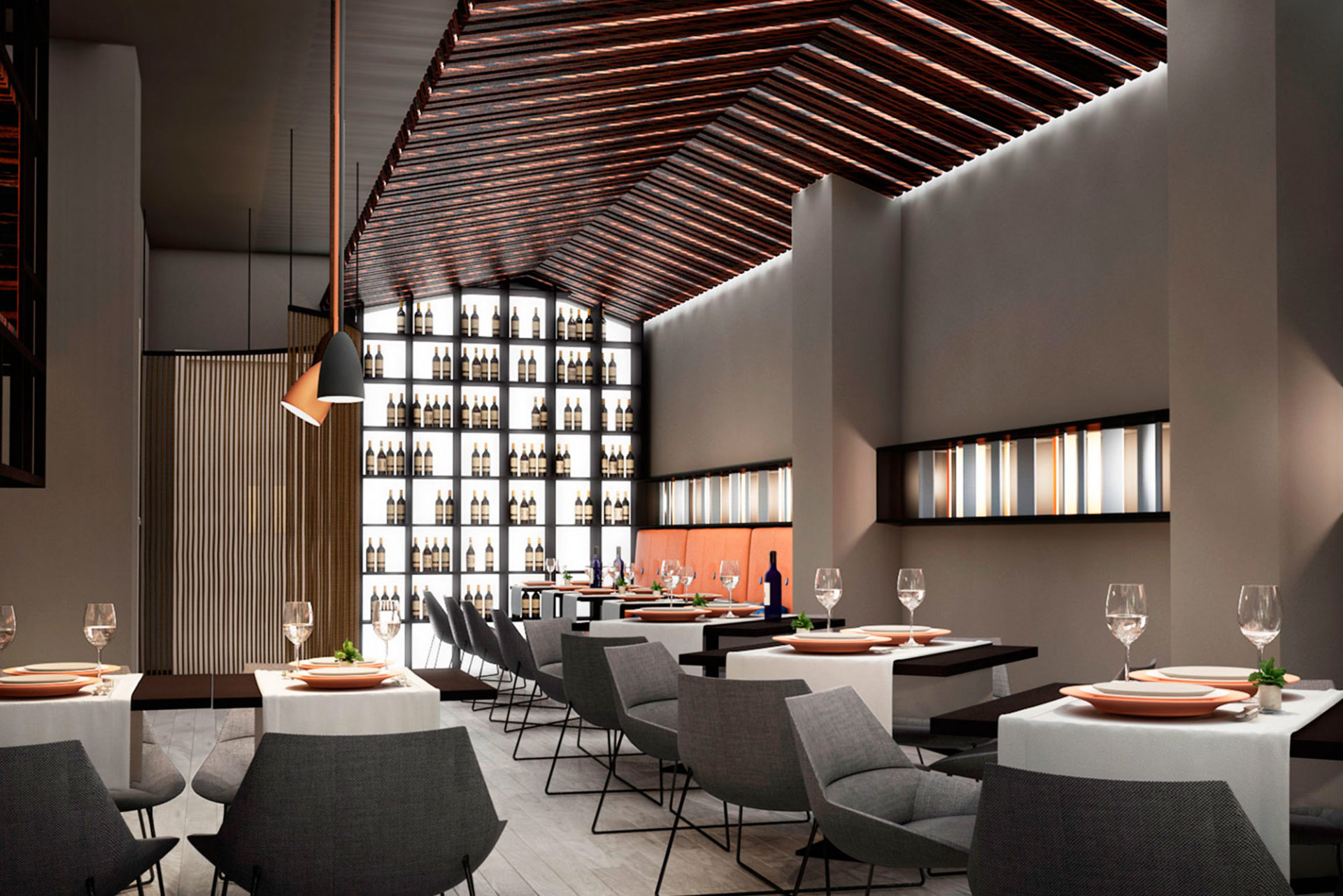 interiorismo comercial restaurante en Valencia infografia render 3d detalle celosia techo con retroiluminación