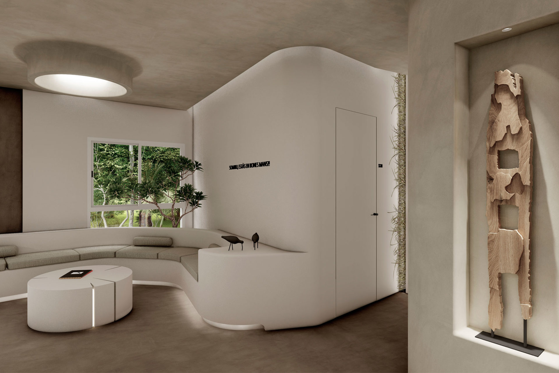 interiorismo comercial area diseño natural aplusdn clinica dental mallorca sala de espera con sofa y pared redondeados y plafon de techo