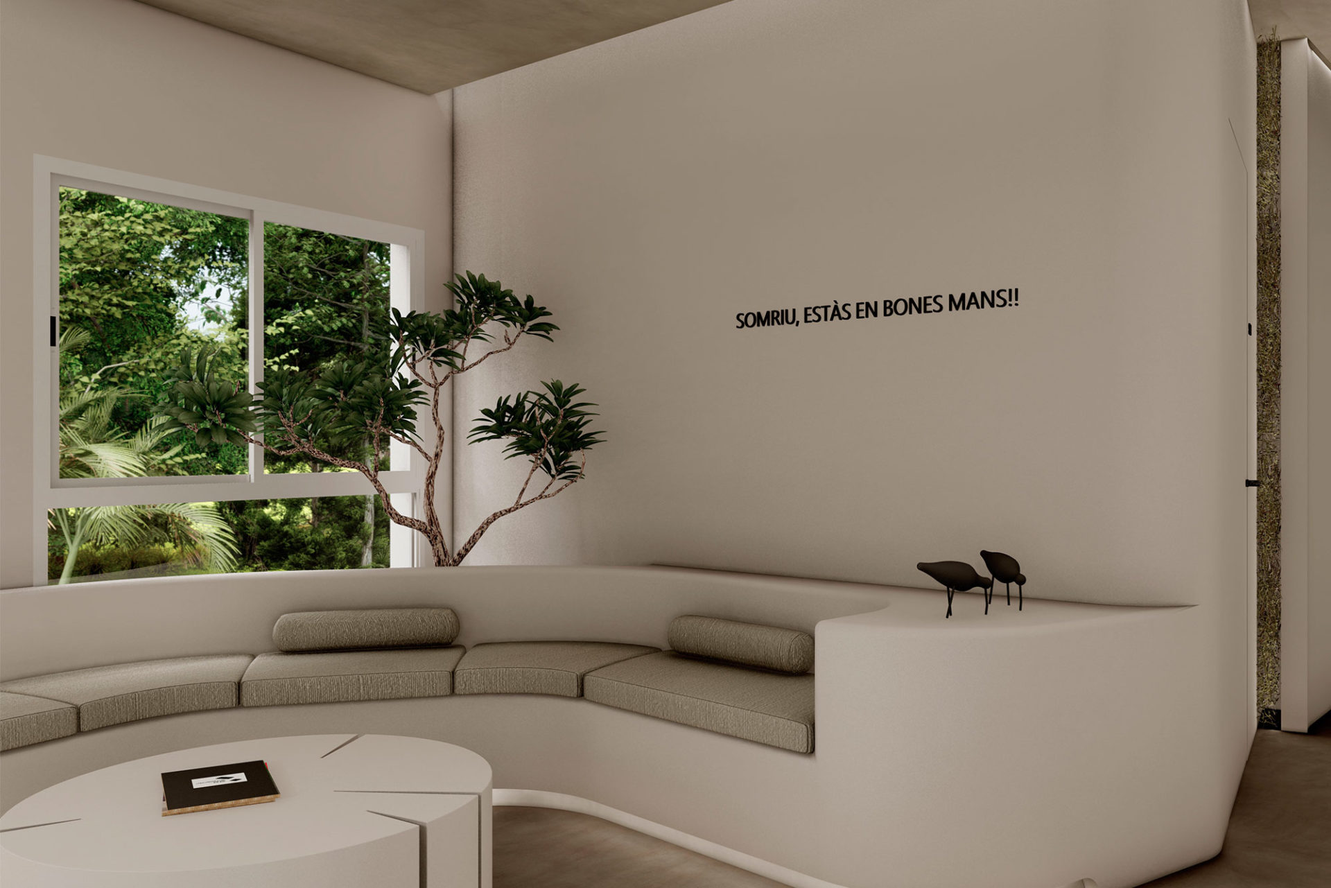 interiorismo comercial area diseño natural aplusdn clinica dental mallorca diseño redondeado sofá sala de espera a medida