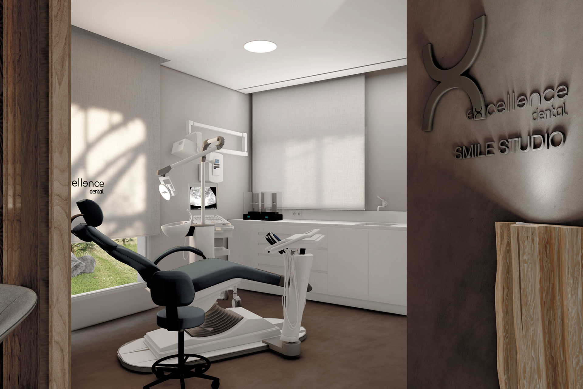 interiorismo comercial area diseño natural aplusdn clinica dental mallorca box con detalle corporativo en pared