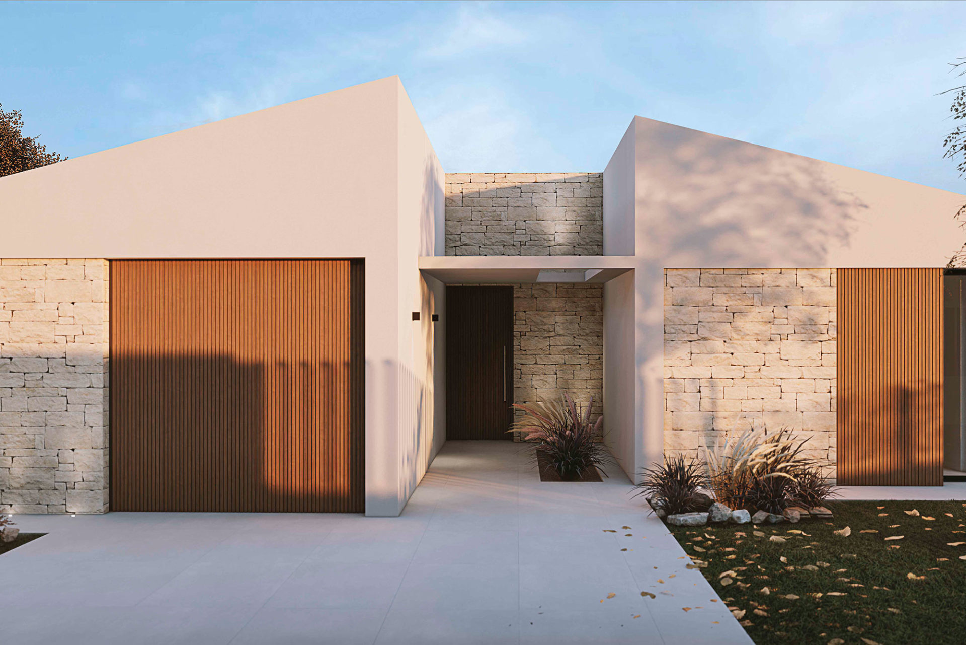 Proyecto interiorismo, arquitectura y paisajismo unifamiliar en valencia fachada exterior piedra seca y alistonado de dia